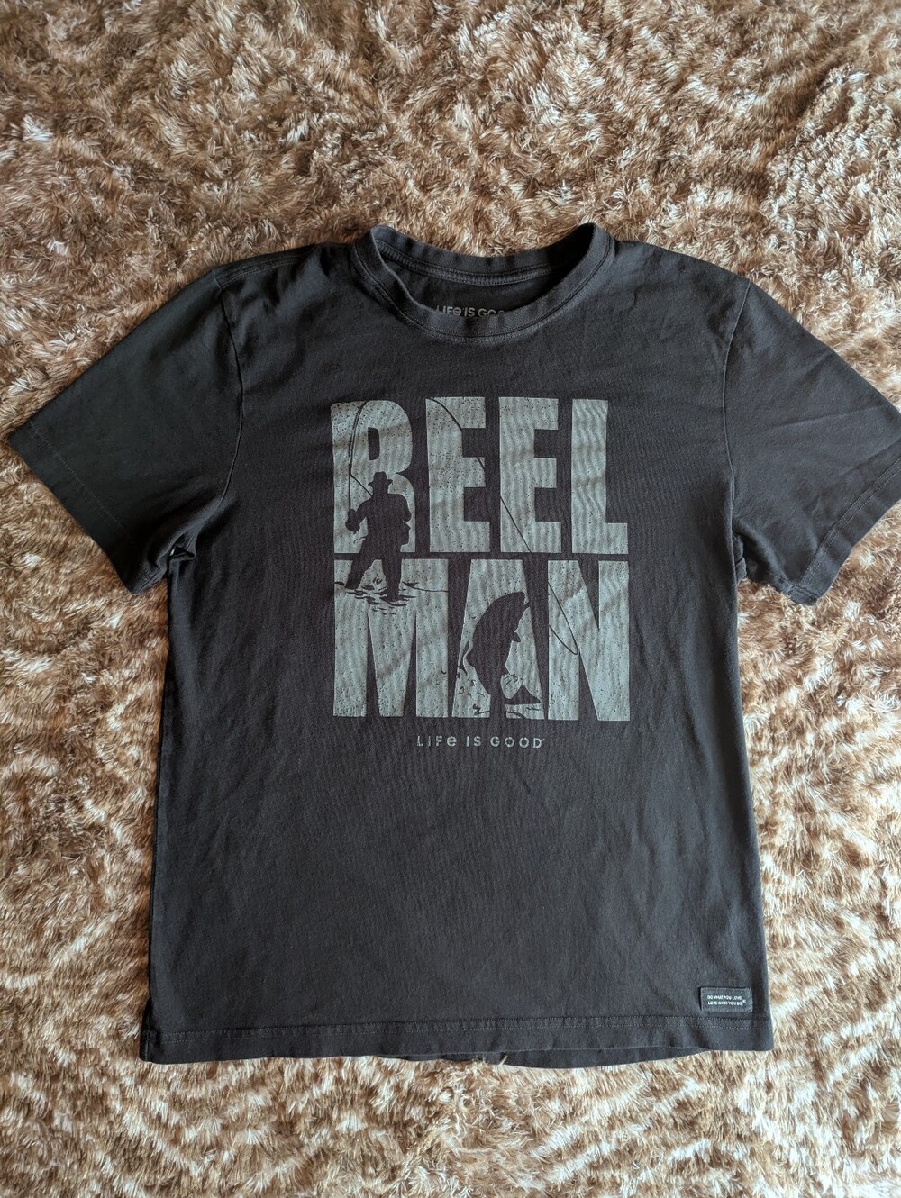 Life Is Good Charcoal Gray "Reel Man" Fishing Graphic Tee